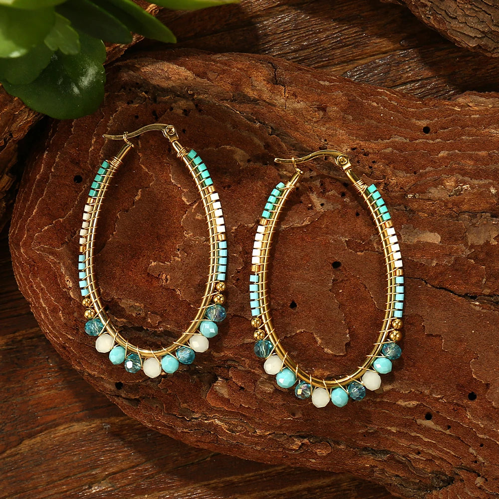 Badu Boho Colorful Woven Crystal Beads Oval Hoop Earrings for Women Stainless Steel Handmade Jewelry Bohemia Fashion Gifts