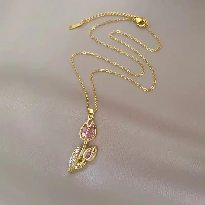 EILIECK New Tulip Flower Cubic Zirconia Chain Necklace Stainless Steel Fashion Collar Necklace Jewelry for Women Bijoux Gift