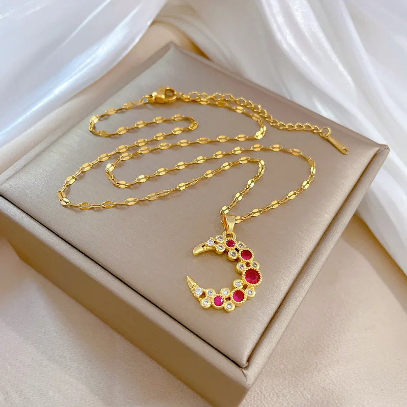 316L Stainless Steel Bending Moon Pendant Necklace For Women Girl New Trend Gold Color Crystal Neck Chain Jewelry Gift