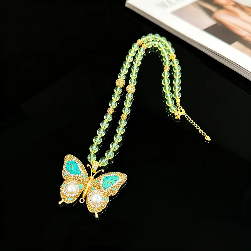Natrual Freshwater Pearl Citrine Turquoise Crystal Quartz Necklace for Women Fashion Butterfly Beaded Chain Wedding Jewelry