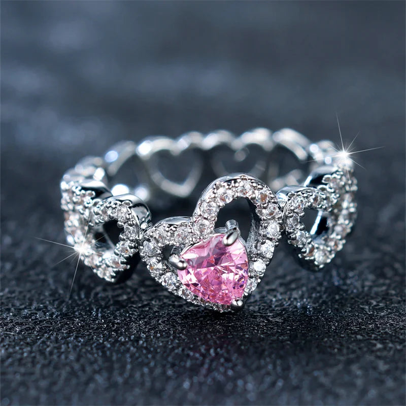 Luxury Female Pink Zircon Stone Ring Trendy Silver Color Heart Engagement Cute Bride Wedding Jewelry Gift For Women