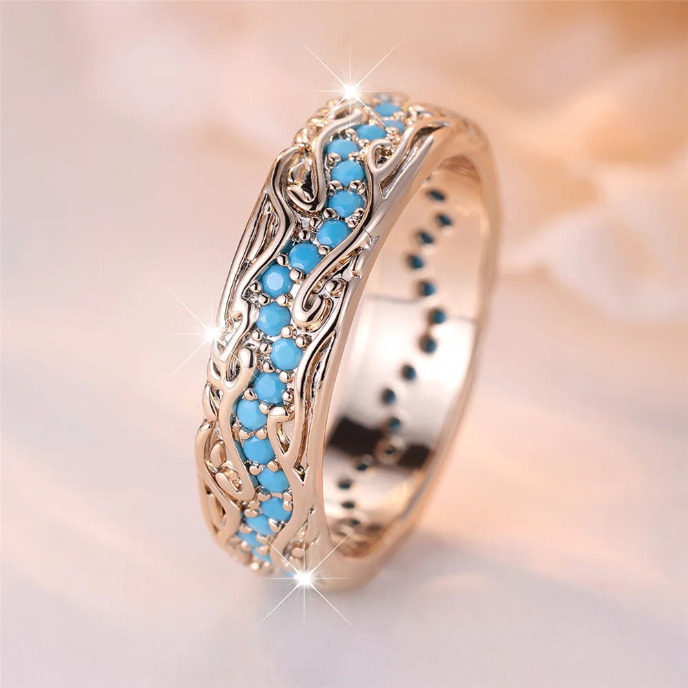 Cute Female Blue Round Stone Ring Novelty Gold Color Party Jewelry For Women
