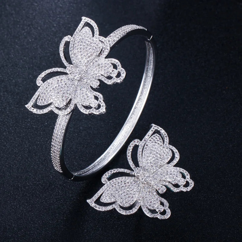 ThreeGrace Luxury Sparkling Cubic Zirconia Wedding Bridal Party Big Butterfly Finger Ring and Bangle Jewelry Set for Women JS543