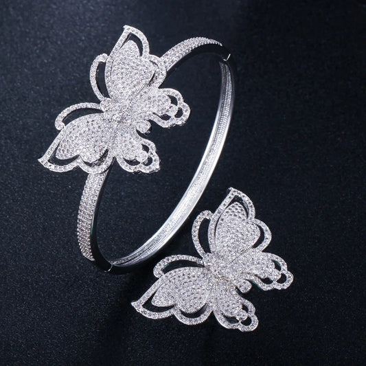 ThreeGrace Luxury Sparkling Cubic Zirconia Wedding Bridal Party Big Butterfly Finger Ring and Bangle Jewelry Set for Women JS543