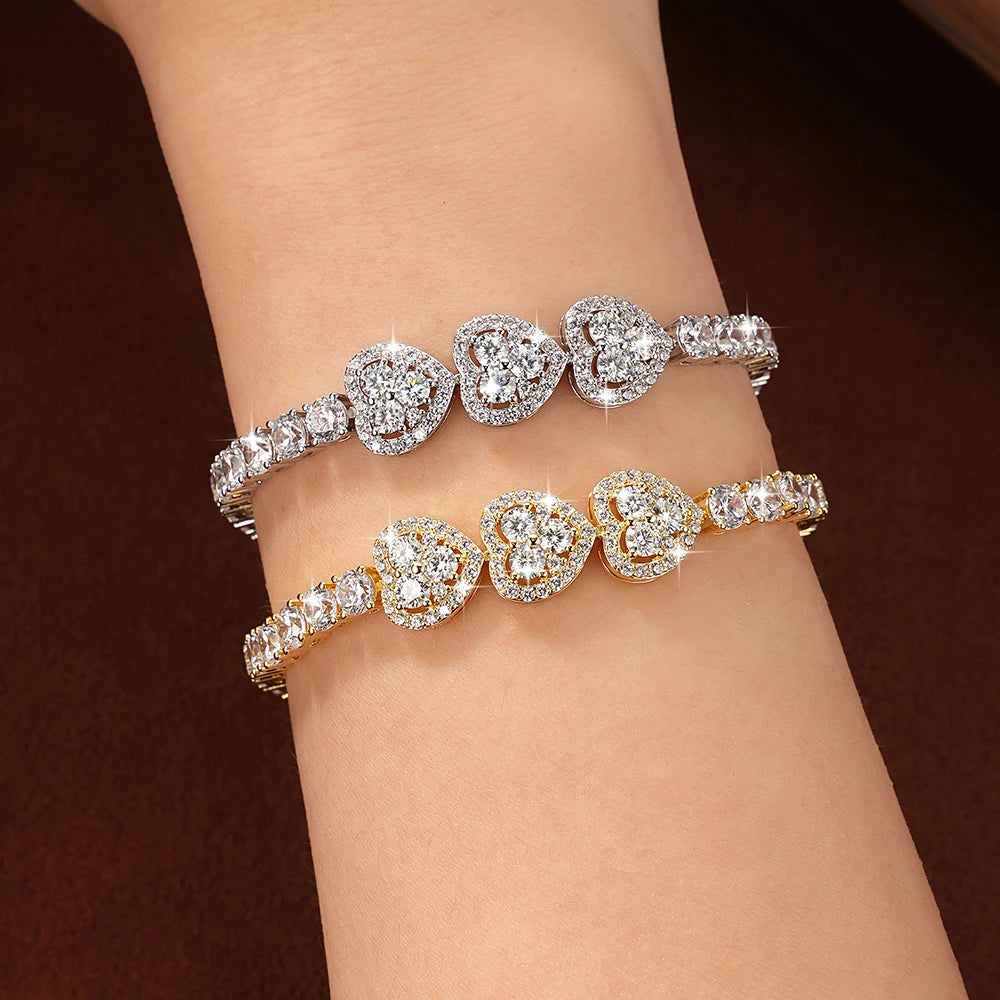 OXTAO Heart Moissanite Tennis Chain Bracelet  White Green Pink Lab Imitation Diamond Colorful Jewelry Bracelet 14K Gold Filled