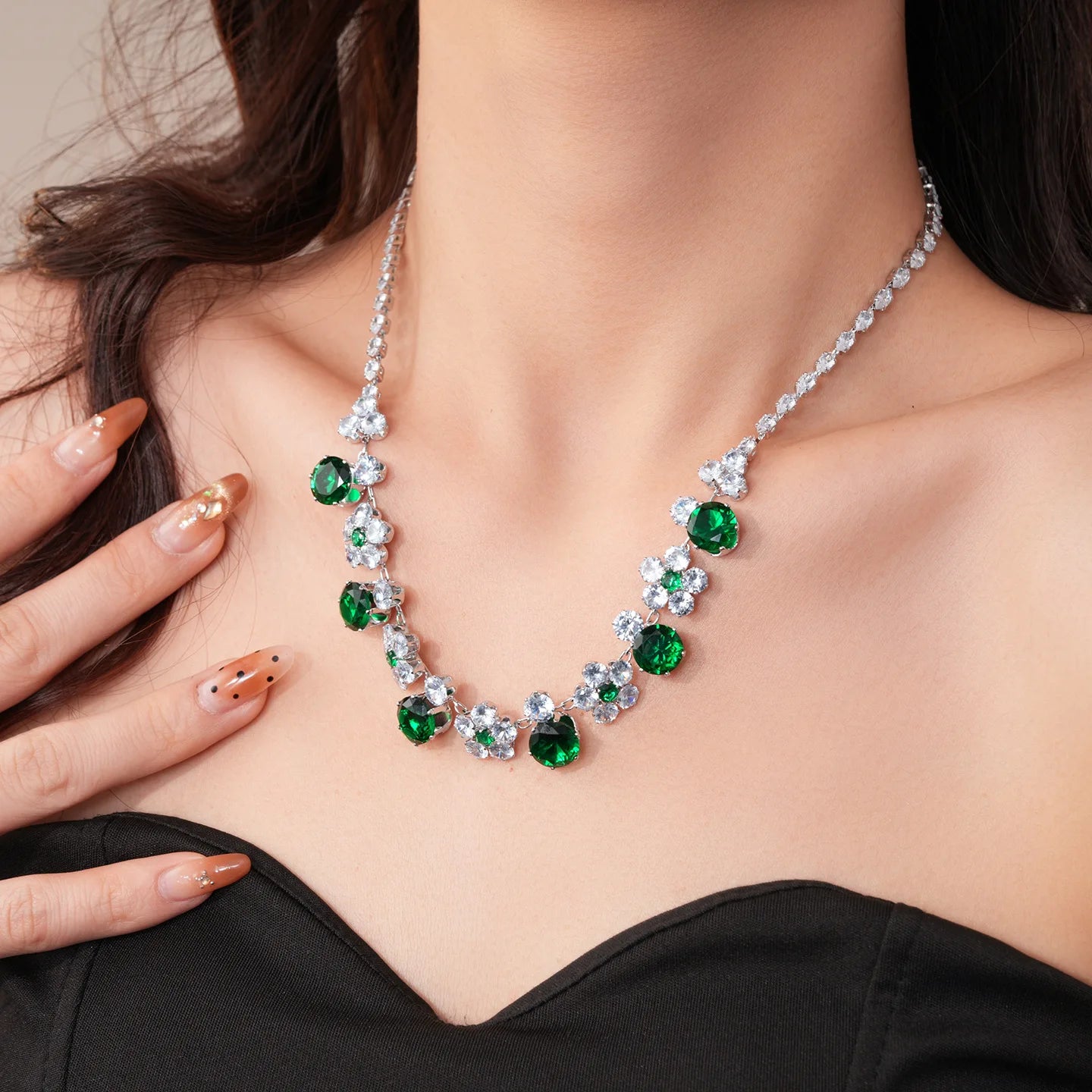 2 Pcs Reteo Flower Rhinestones Chokers Necklaces for Gathering Bling Color-block Dangle Earrings Banquet Anniversary Set H