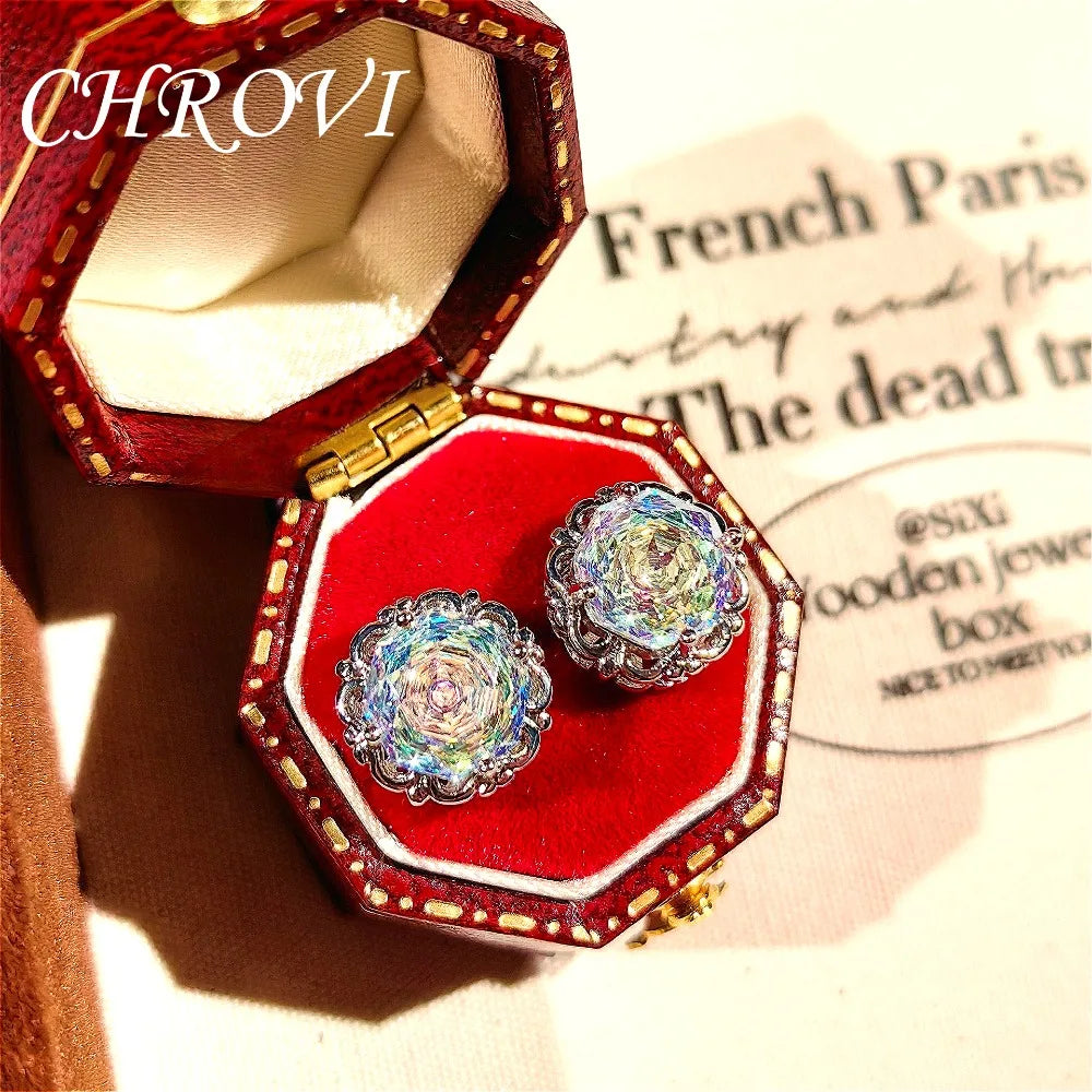 Light luxury 925 sterling silver round rose necklace with dazzling zircon stud earrings and gemstone ring set for women