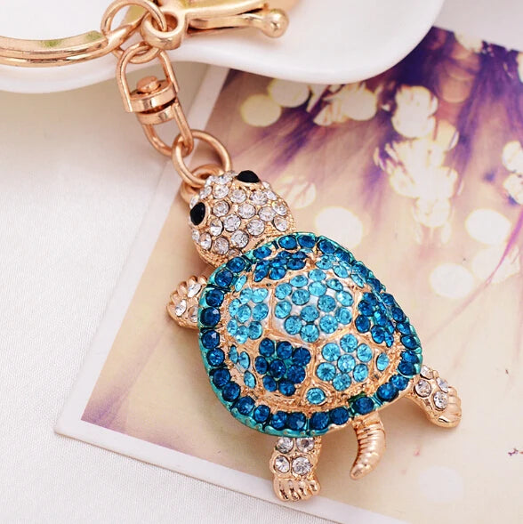 Fashion Rhinestone Crystal Metal Keychain Lovely Cartoon Marine Style Tortoise Fish Dolphin Keyring HandBag Car Pendant Gift