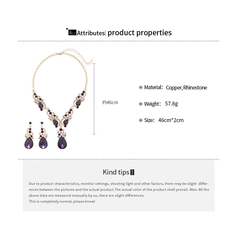 Purple Rhinestone Pendant Necklaces Drop Earrings Party Banquet Jewelry Set Vintage Water Drop Necklace Earrings Accessories H