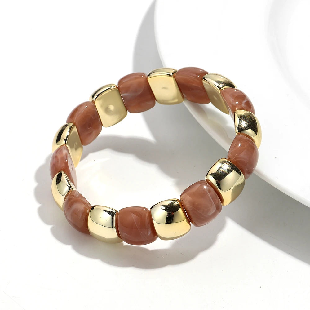 Vintage Acrylic Coloful Geometric Beads Elastic Bangle Bracelets Fashion Resin Golden CCB Bead Stackable Bracelet Women Jewelry