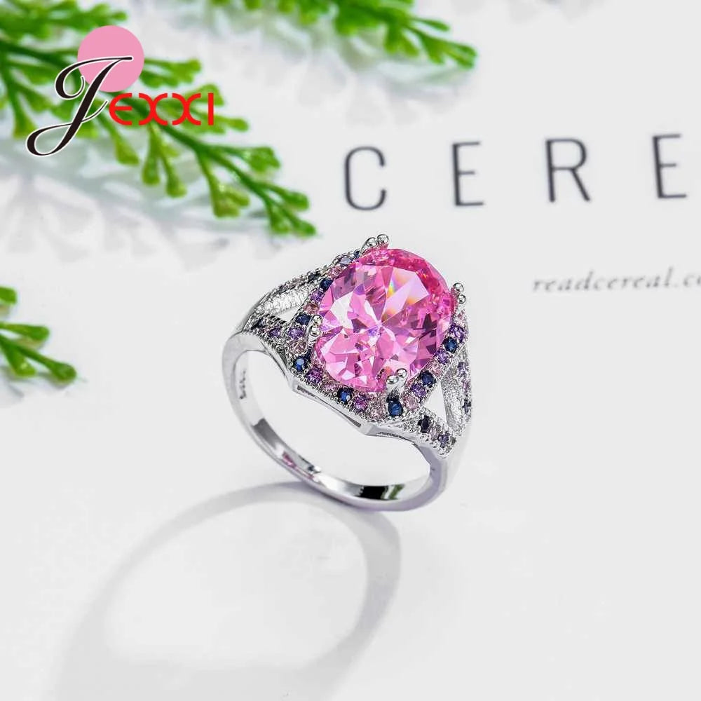 Trendy Colorful Zircon With Big Light Pink Crystal Paved AAA CZ Stones Wedding 925 Sterling Silver Color Rings For Women Part
