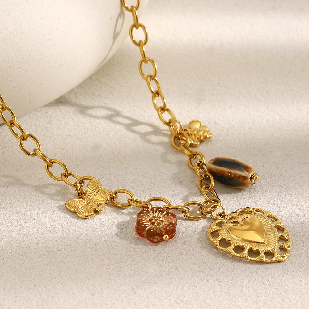 E.B.belle Vintage Style PVD Plated  Hollow Heart Butterfly Charm Necklace Stainless Steel Women Waterproof Party Neck Jewelry