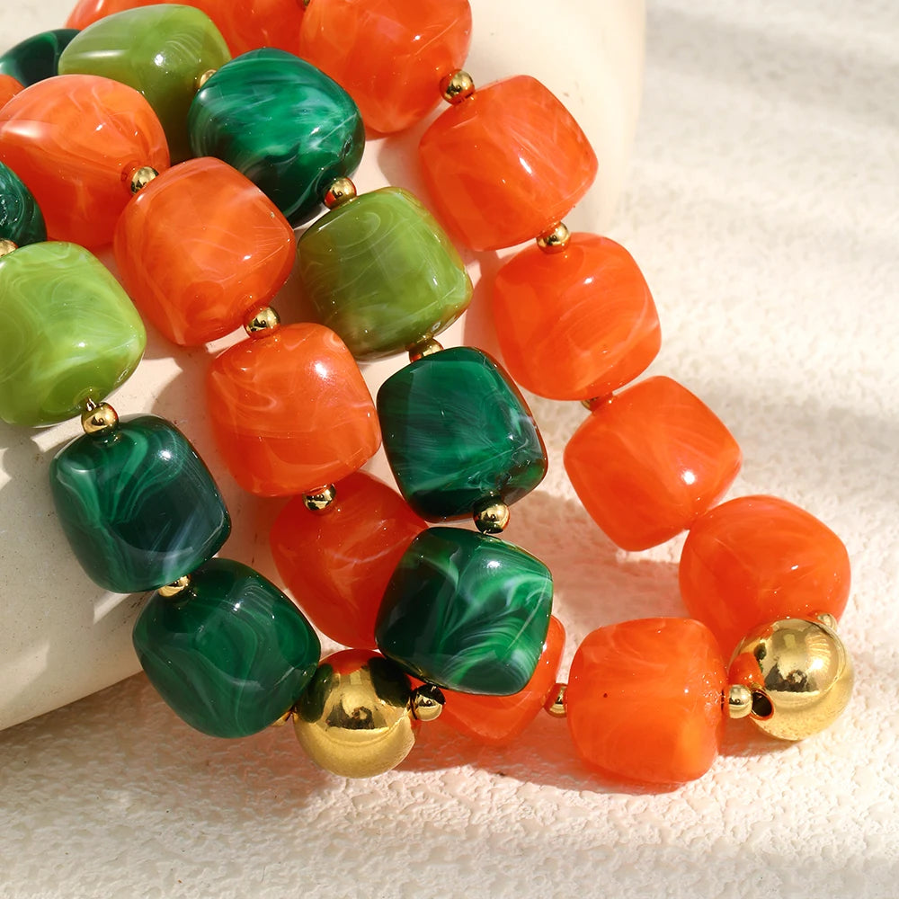 E.B.belle Vintage Statement Acrylic Square Bead Necklace Gold Plated Suitable For Ladies Green Red Bead Tarnish Free Jewelry