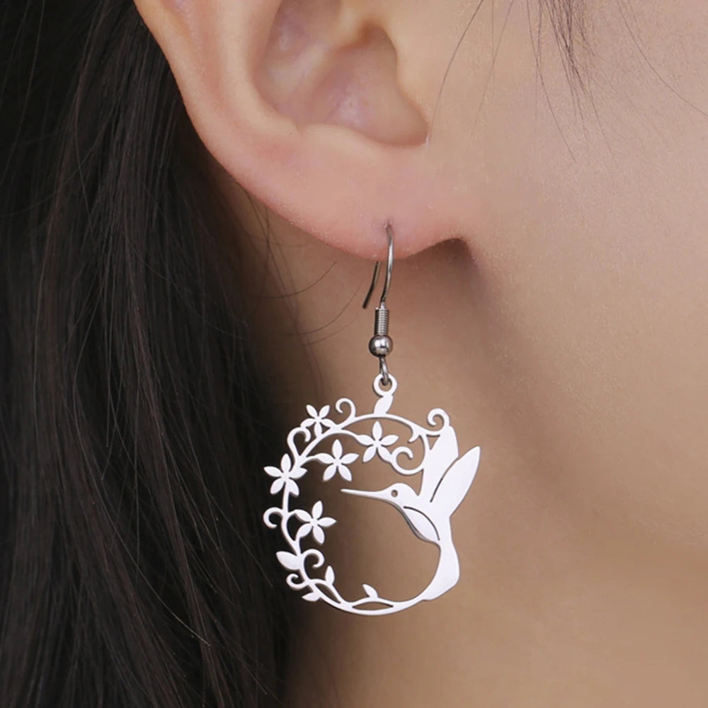 My Shape Hummingbird Earrings for Women Stainless Steel Flowers Birds Dangle Earrings Filigree Boho Fashion Jewelry  Gifts