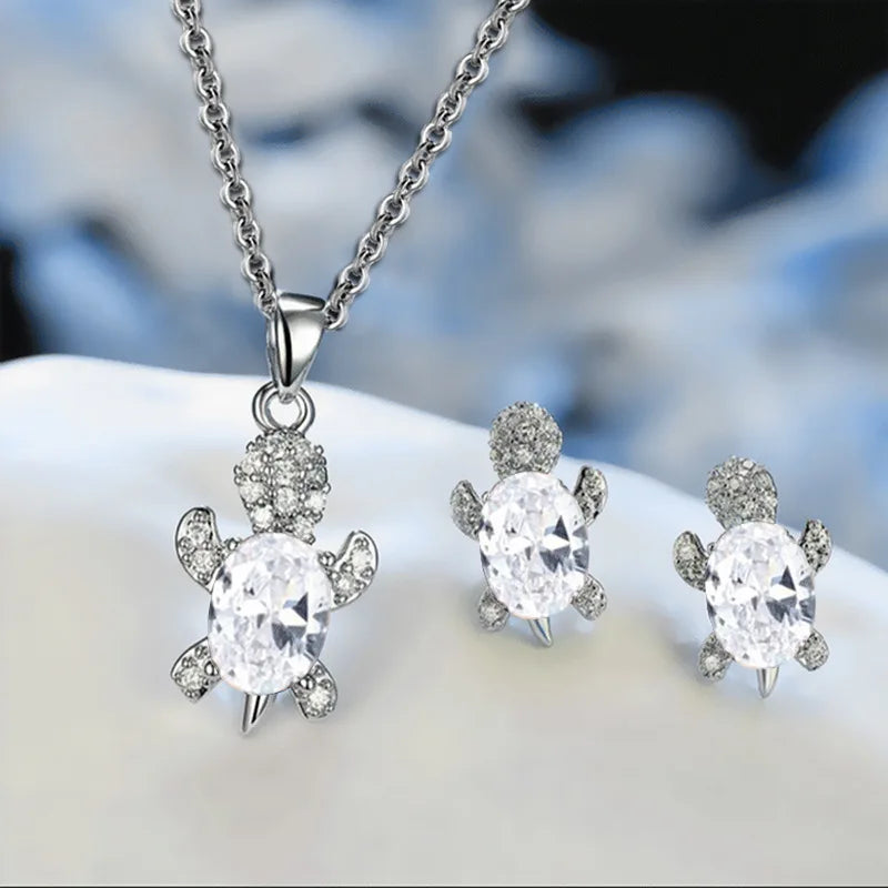 Multicolor Rhinestones Turtle Necklace Earrings sets for Women 14k Platinum Plated 3 Pcs Jewelry Set Female Party Wedding Gifts