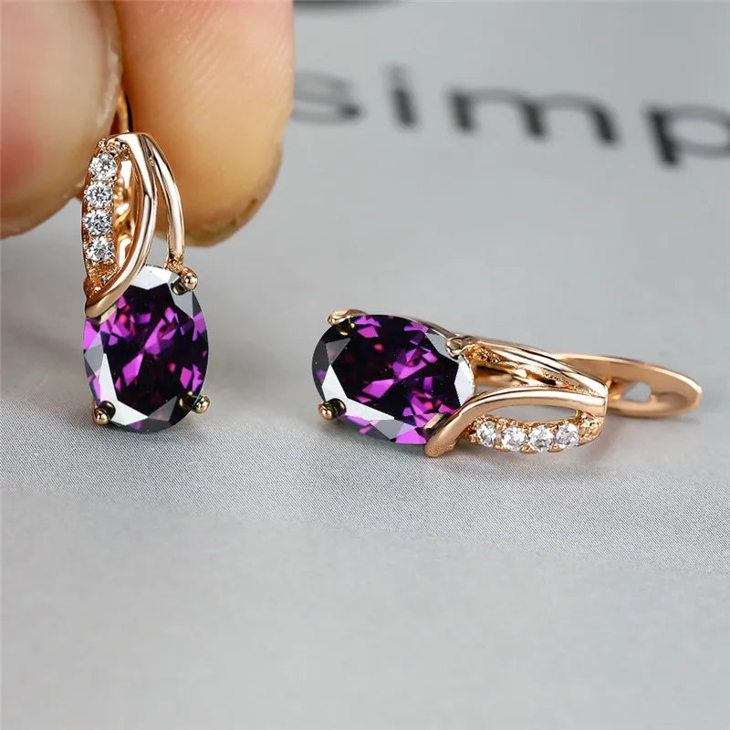 Crystal Purple Oval Stone Jewelry Rose Gold Color Wedding Hoop Earrings For Women