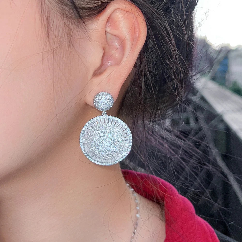 ThreeGraces High Quality Cubic Zirconia Silver Color Luxury Big Geometric Round Dangle Earrings for Women Party Jewelry E1227