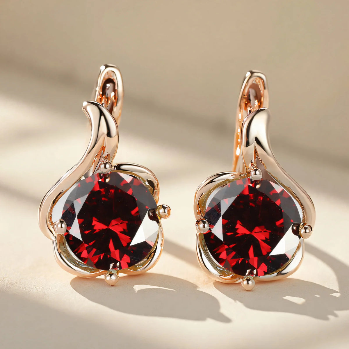 Female Crystal Round Red Green Purple Zircon Stone Flower Hoop Earrings Charm Rose Gold Color Wedding Jewelry Earrings For Women