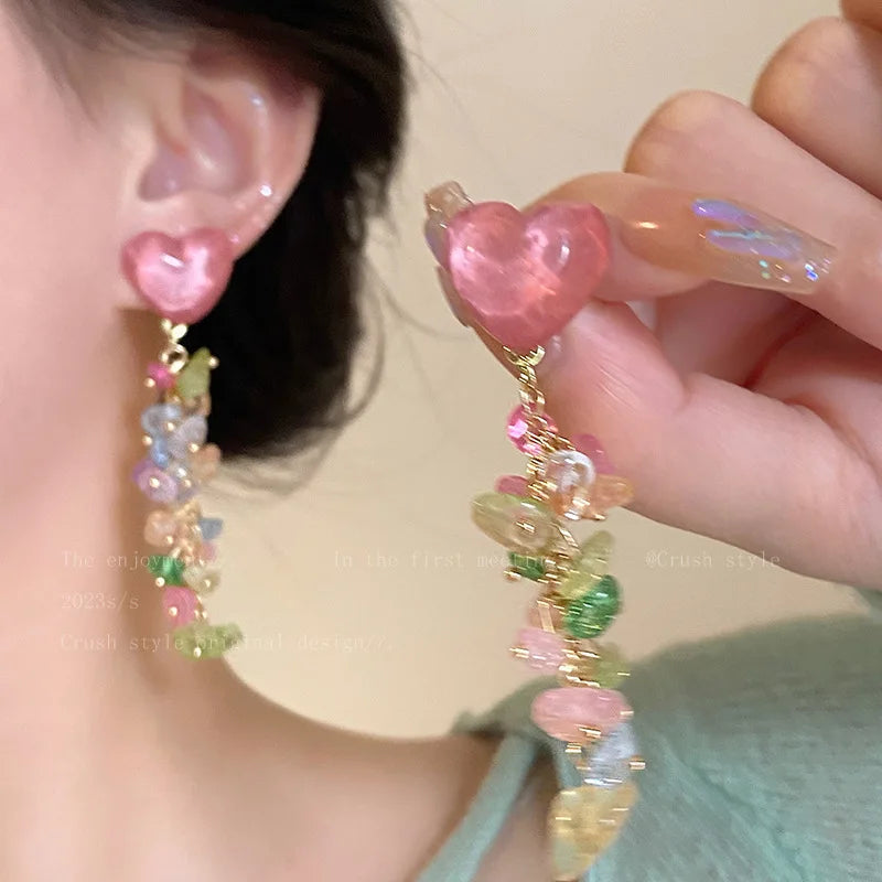 Multicolor Crystal Heart Earrings For Women Fashion Colorful Zircon Long Tassel Dangle Earrings Girls Party Daily Jewelry Gifts