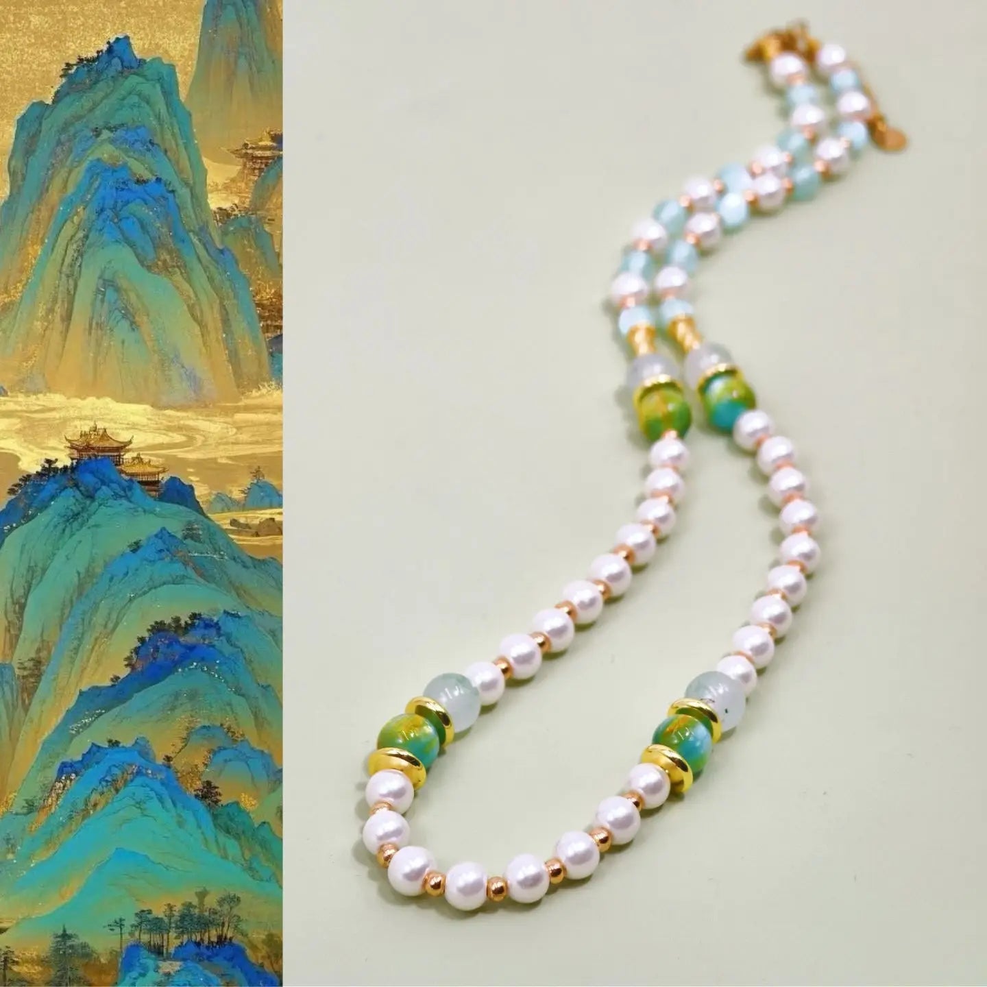 Year of the Horse Limited Oil Painting Gilded Pearl Pendant, Chinese Style Double layered Shijia High quality Pearl Necklace, Ho