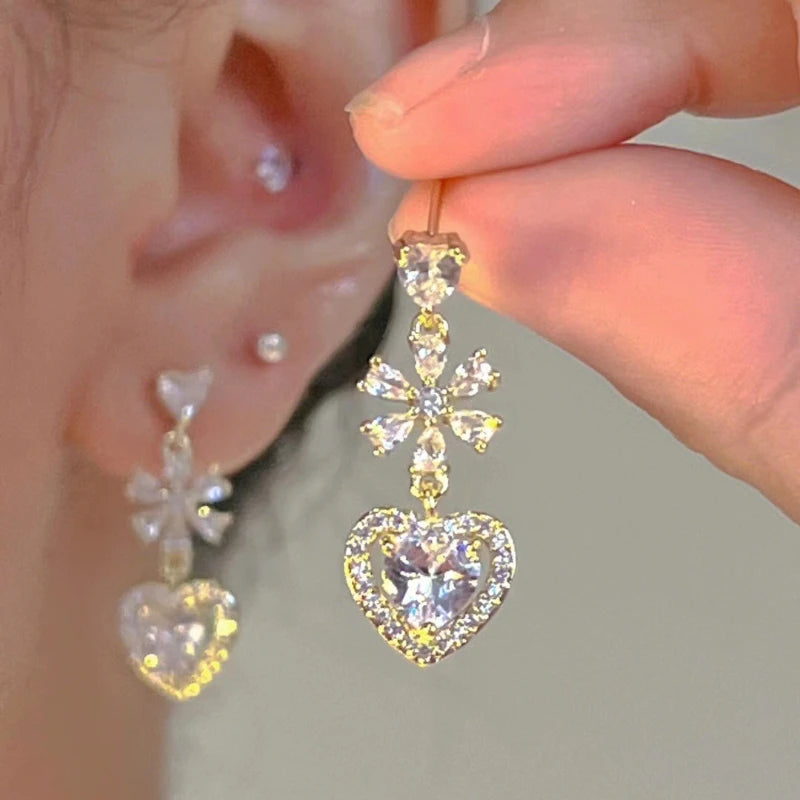 Exquisite Pink Heart Shape Bowknot Stud Earrings For Women Shining CZ Zircon Love Earring Girl Wedding Party Temperament Jewelry