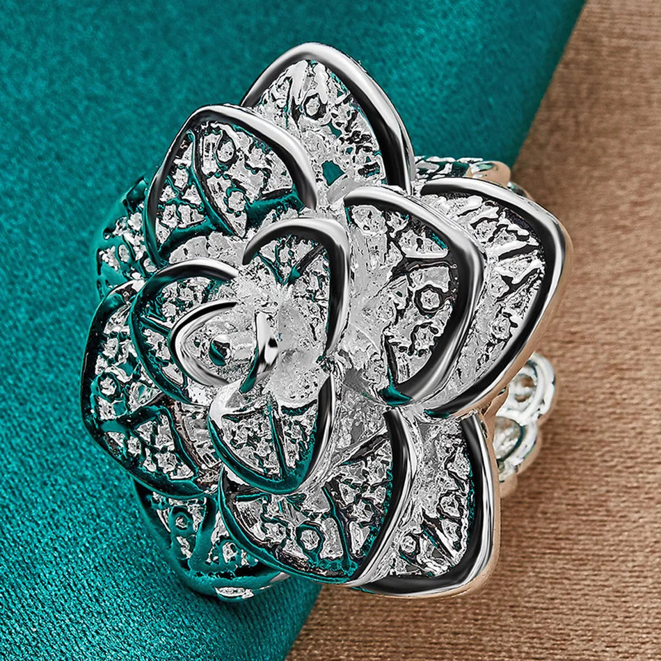 URMYLADY 925 Sterling Silver Big Flower Adjustable Ring Bangle Bracelets Jewelry Sets For Women Wedding Party Fashion Charm Gift
