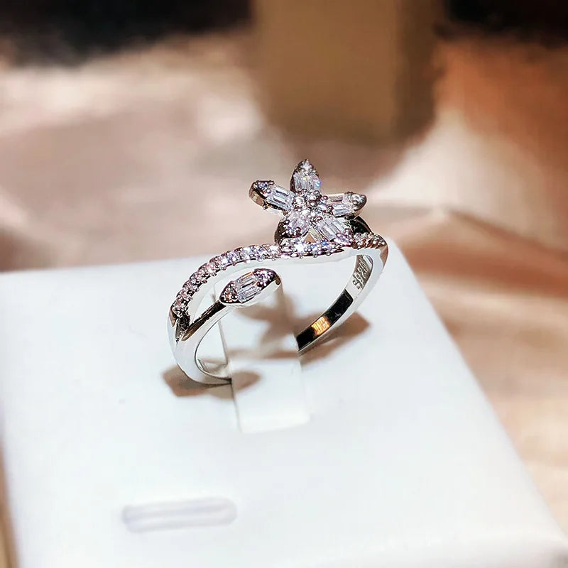 Luxury Five-Star Opened Ring for Women 925 Silver with Full Diamonds and Graduated Square Zirconia Star Ring - Unique Jewelry