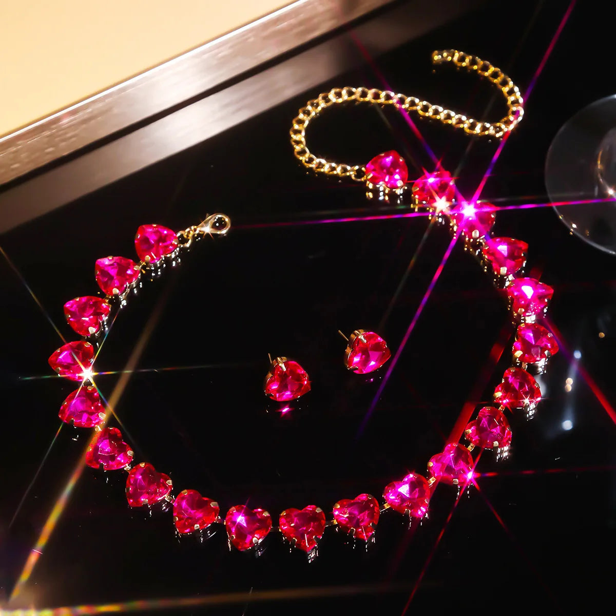 FYUAN Sweet Rose Red Heart Pendant Necklace For Women Crystal Earrings Weddings Banquet Jewelry Sets