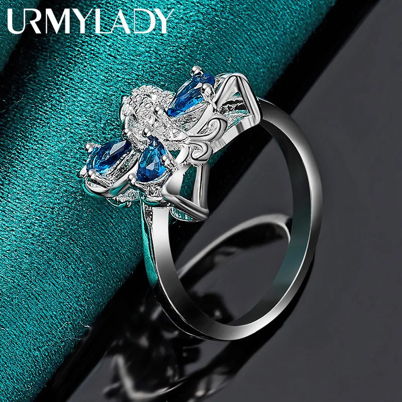 URMYLADY 925 Sterling Silver Butterfly Blue Zircon 7-10# Ring For Women Fashion Wedding Party Charm Jewelry