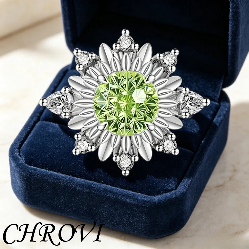 Luxurious 925 sterling silver gemstone flower chrysanthemum ring for women - ultra-shiny sunflower style finger ring