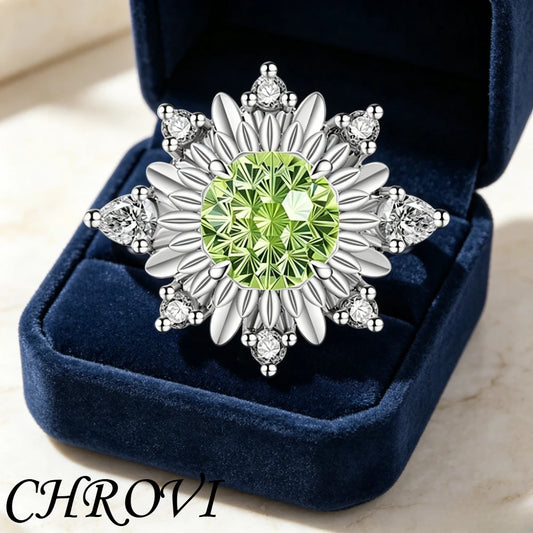 Luxurious 925 sterling silver gemstone flower chrysanthemum ring for women - ultra-shiny sunflower style finger ring