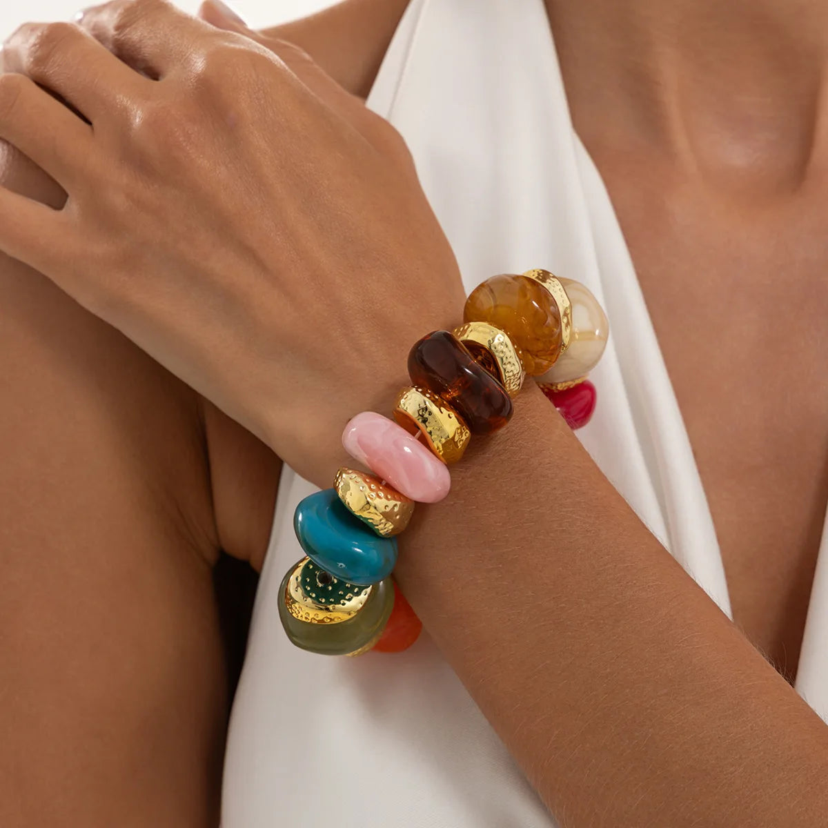 KMVEXO Bohemian Colorful Acrylic Beads Bracelet for Women New Trendy Resin Flat Round Elastic Bangles Statement Jewelry Gift