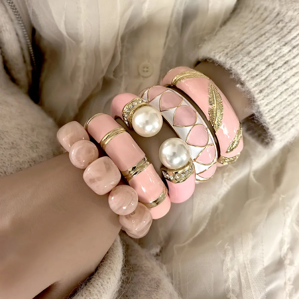 KMVEXO Sweet Pink Enamel Metal Spring Bangles For Women Exaggerated Geometric Wide Cuff Bracelets Girl's Aesthetic Jewelry
