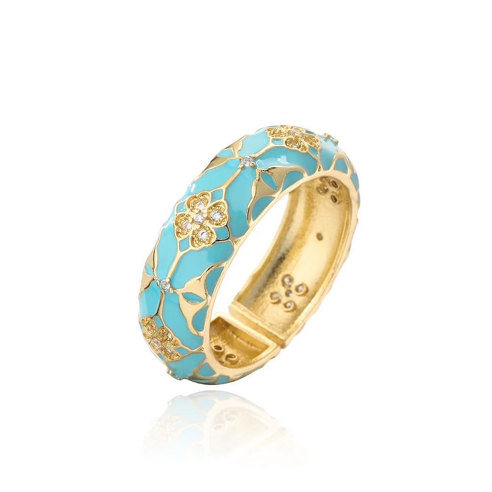 2025 Stylish new copper-plated 18K gold zircon dripping oil bohemian vintage geometric open ring gift
