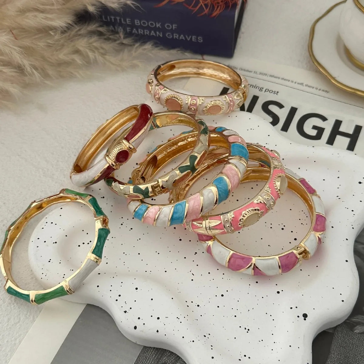 KMVEXO Colorful Enamel Resin Bamboo Bangle Geometry Bracelet for Women Gold Color Metal Bangles Trendy Love Jewelry