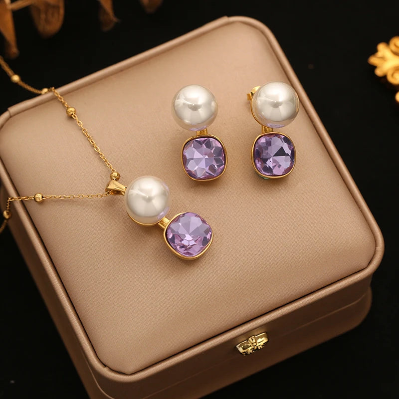 EILIECK Purple Crystal Zirconia Pearl Necklace Earrings Trendy Stainless Steel Waterproof Jewelry Set Golden Metal Texture Women
