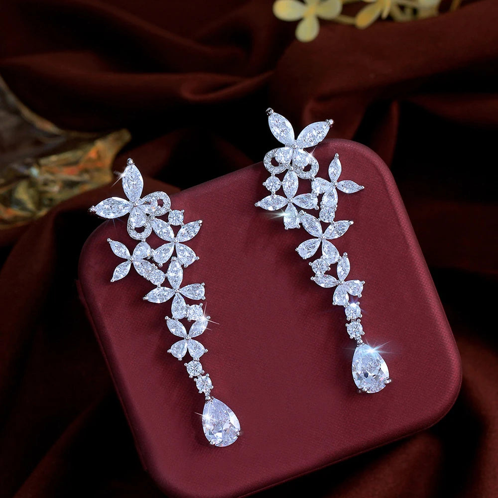 ThreeGraces 2026 New Fashion Shiny Zirconia Bridal Wedding Party Long Butterfly Flower Dangle Earrings for Women Jewelry E2128