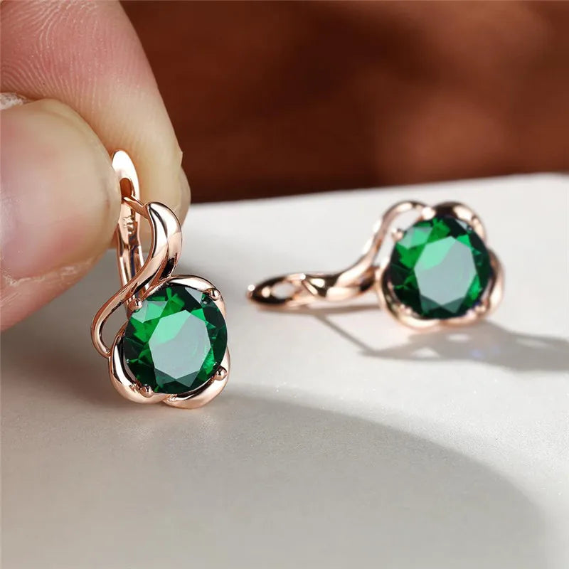 Female Crystal Round Red Green Purple Zircon Stone Flower Hoop Earrings Charm Rose Gold Color Wedding Jewelry Earrings For Women