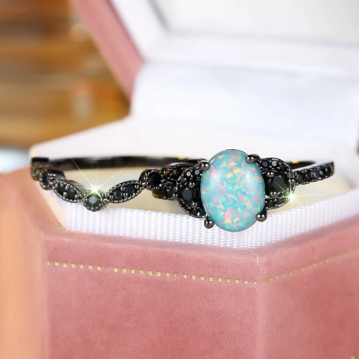 Small Round Charm Female Fashion Bule Opal Engagement Ring Set Luxury Black Color Wedding Jewelry For Women