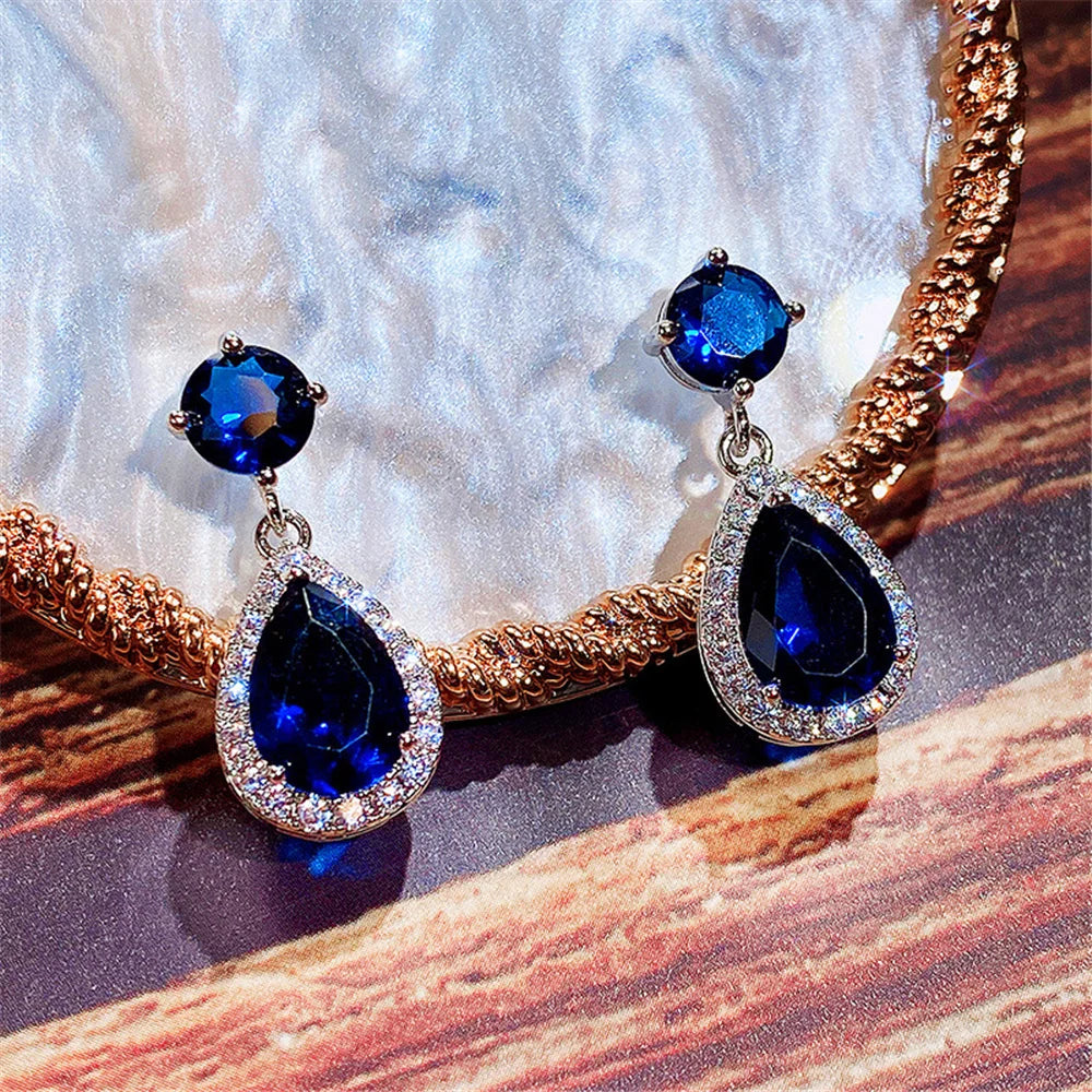 Luxury Female Blue Yellow White Zircon Stone Drop Dangle Earrings Cute Silver Color Party Jewelry For Women