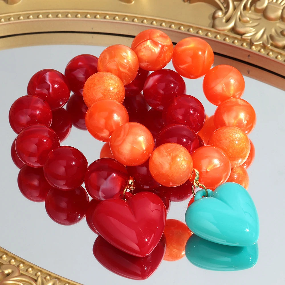 Boho Colorful Round Beads Heart Pendant Elastic Bracelets Fashion Geometric Beaded Bangle Bracelet Women Jewelry Gifts