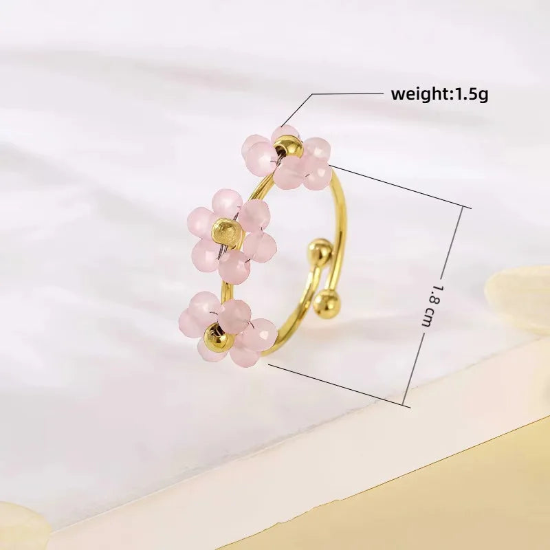 ANENJERY 316L Stainless Steel Colorful Beads Flowers Open Ring For Women French Niche Design Elegant Jewelry Gifts Wholesale