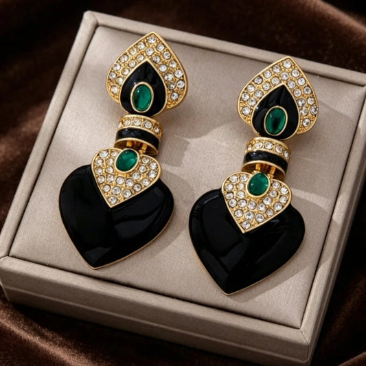 Vintage Black Enamel Heart Drop Earrings Gold Color Green Rhinestone Statement Earrings for Women Luxury Party Wedding  Jewelry