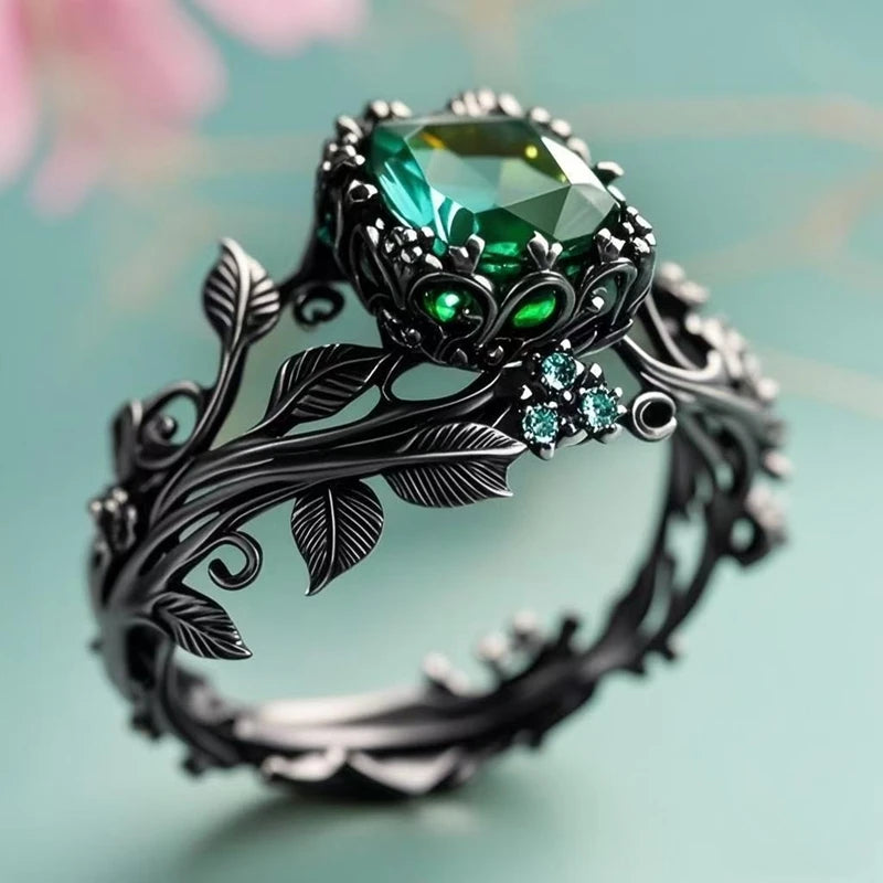 1PC Gold Color Leaf Design Ring for Women with Square Green Cubic Zirconia Aesthetic Female Wedding Party Trendy Jewelry