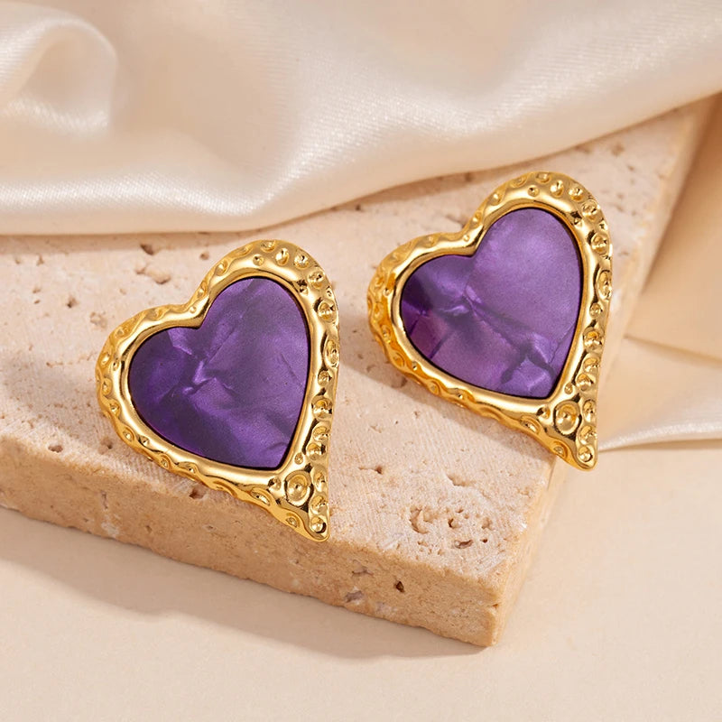 ANENJERY 316L Stainless Steel Ripple Metal Heart Earrings For Women Bohemia Niche Vintage Personality Delicate Jewelry Gifts