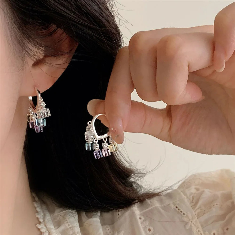 Simple Luxury Charm Female Small Geometric Rainbow Zircon Stone Drop Dangle Earrings Cute Silver Color Party Jewelry For Women