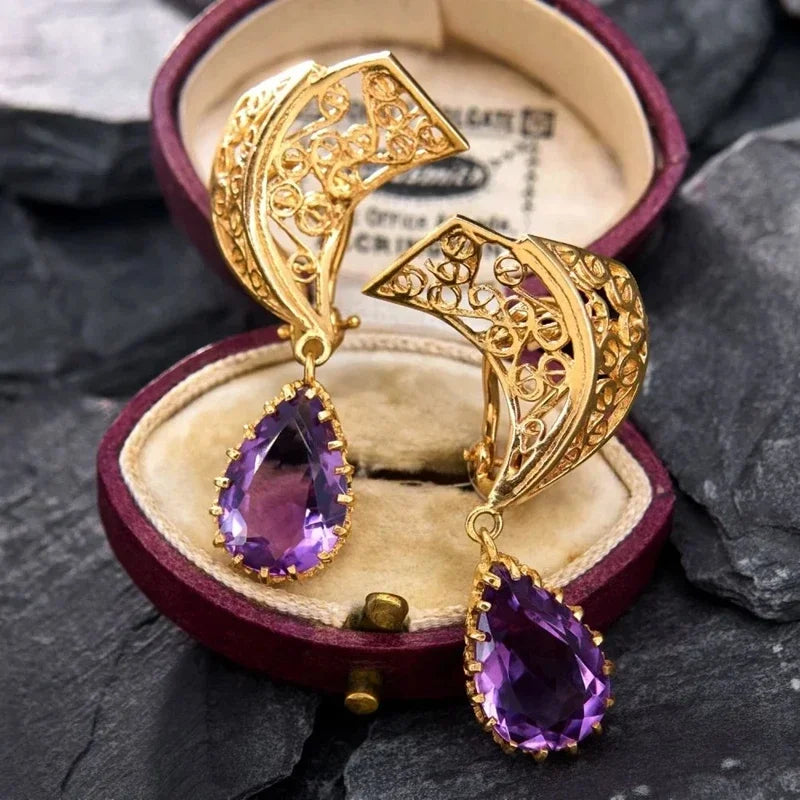 Luxury Female Purple Cubic Zirconia Earring Gold Color Earrings for Women Charm Geometric Wedding Party Jewelry Accessories