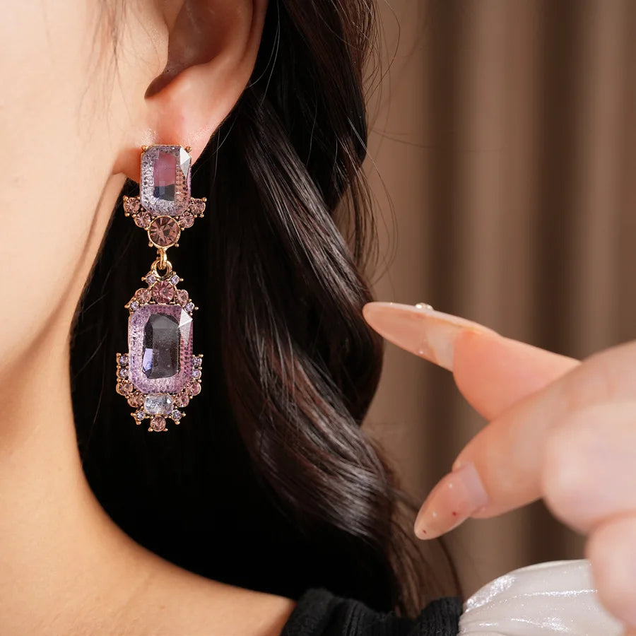 1 Pcs Purple Square Rhinestones Chokers Necklaces Retro Shiny Geometric Drop Earring Luxury Jewelry Set Gifts Wedding Party N