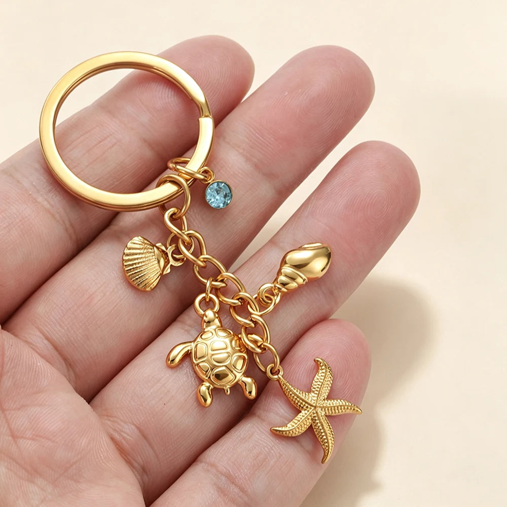 Turtle Starfish Shell Keychain Ocean Theme Stainless Steel Seashell Conch Crystal Charms Key Ring Fashion Beach Bag Holiday Gift