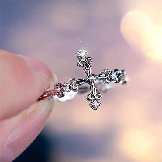 Trendy White Zircon Stone Cross Vintage Silver Color Wedding Bands Engagement Rings For Women Men Minimalist Jewelry